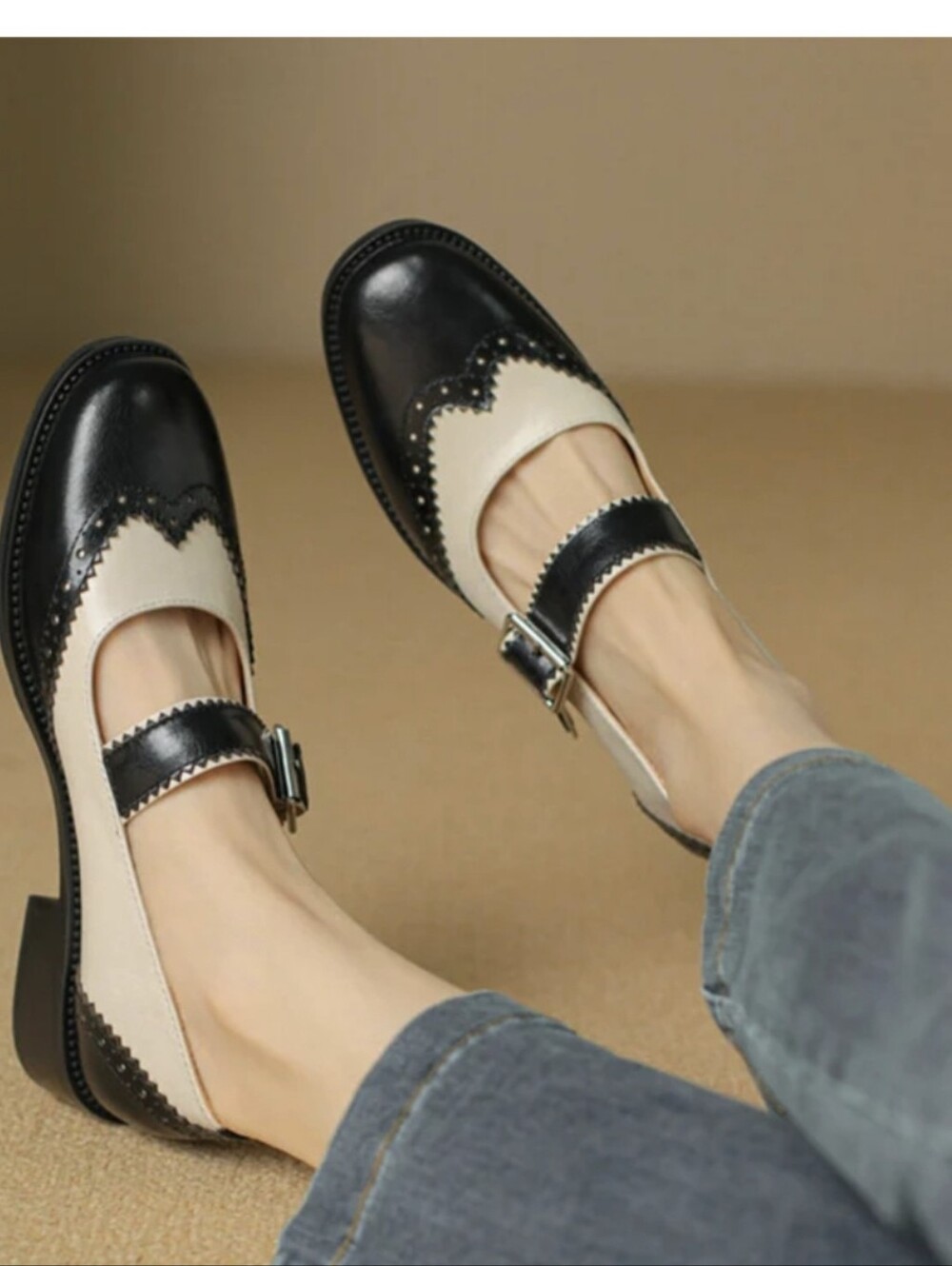 Black and Cream Mary Jane Leather Loafers - Women size 11